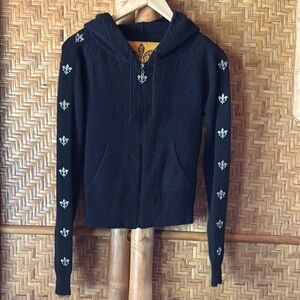 ROYAL PLUSH Black Cashmere Hoodie with damask studded Details small